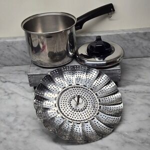 Vintage West Bend Stainless Steel Saucepan 2.1 Qt w/ Vented Lid & Steamer Basket